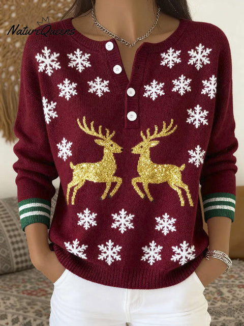 Women's Christmas Deer Pattern Art Print Buttoned Cardigan Sweater