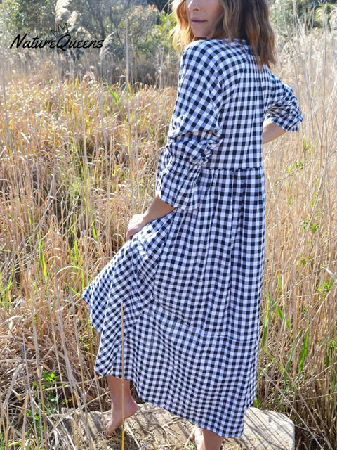 Women's Plaid Pattern Art Print Casual Cotton Dress
