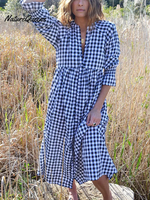 Women's Plaid Pattern Art Print Casual Cotton Dress