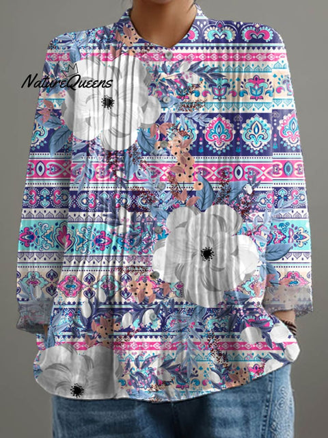 Women's Lovely Floral Art Print Casual Cotton And Linen Shirt