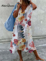 Flower print short-sleeved V-neck splicing long dress