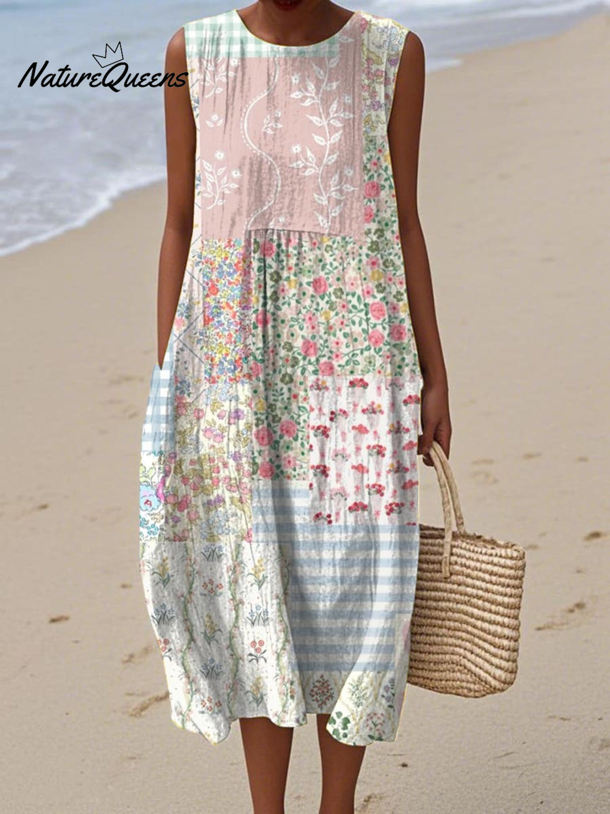 Women's Artistic Colourful Flowers Print Sleeveless Cotton Pocket Wrap Dress