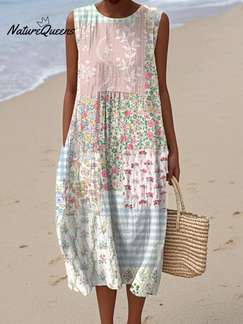 Women's Artistic Colourful Flowers Print Sleeveless Cotton Pocket Wrap Dress