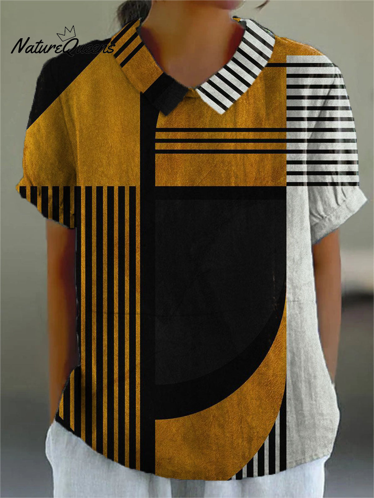 Women's Artistic Geometric Lines Print Casual Cotton And Linen Shirt