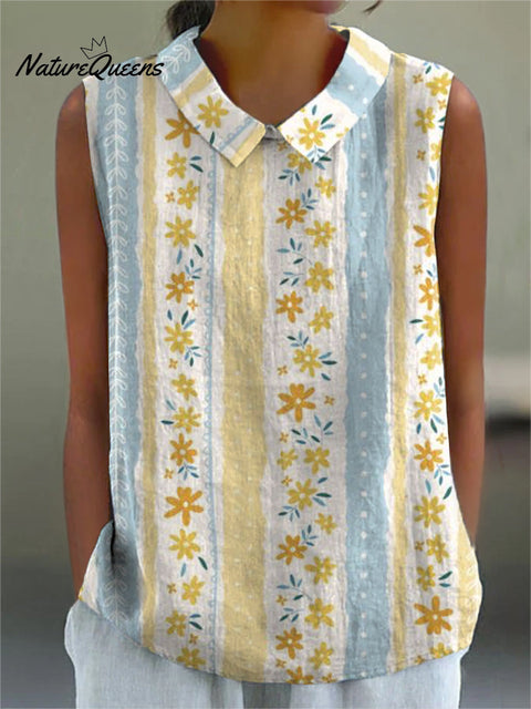 Women's Art Stripe Flower Print Casual Cotton And Linen Shirt