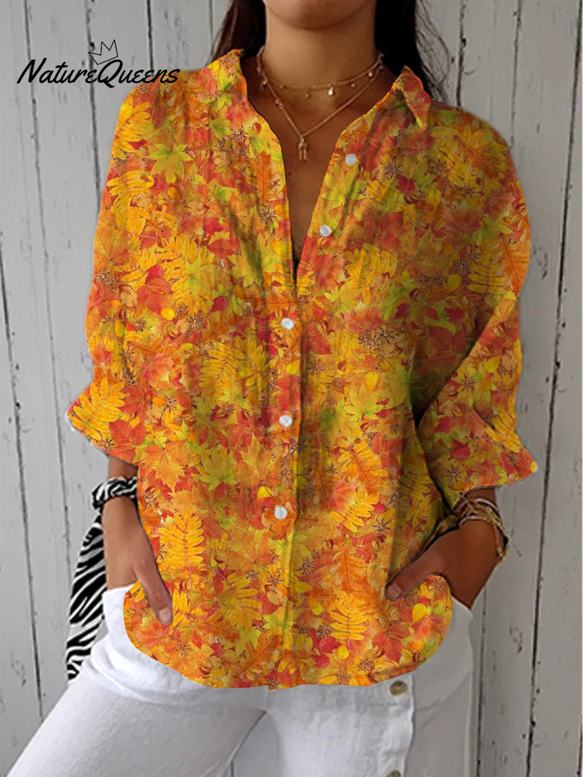 Women's Art Autumn Maple Leaves Print Casual Linen V-neck Shirt