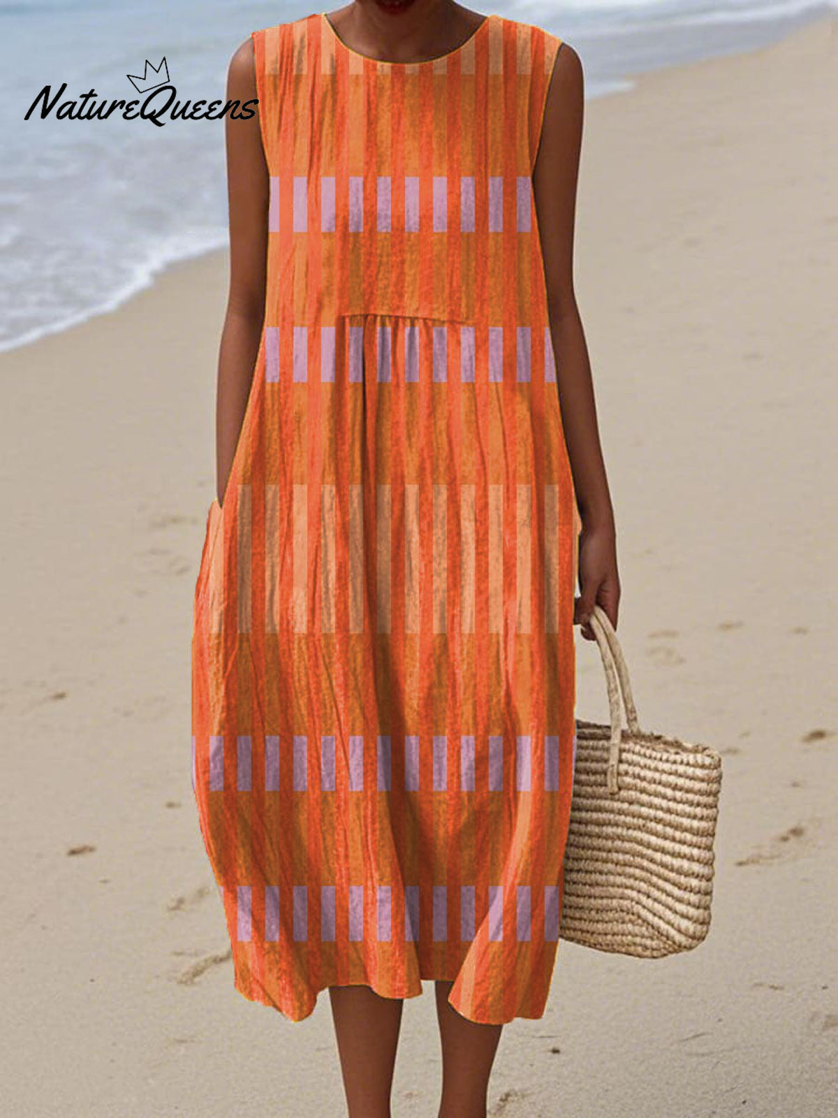 Women's Artistic Geometry Patterns Print Sleeveless Cotton Pocket Wrap Dress