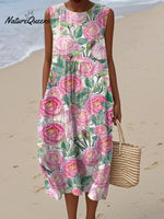 Women's Art Ink Camellia Flower Print Sleeveless Cotton Pocket Wrap Dress