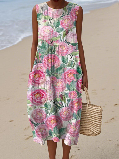 Women's Art Ink Camellia Flower Print Sleeveless Cotton Pocket Wrap Dress