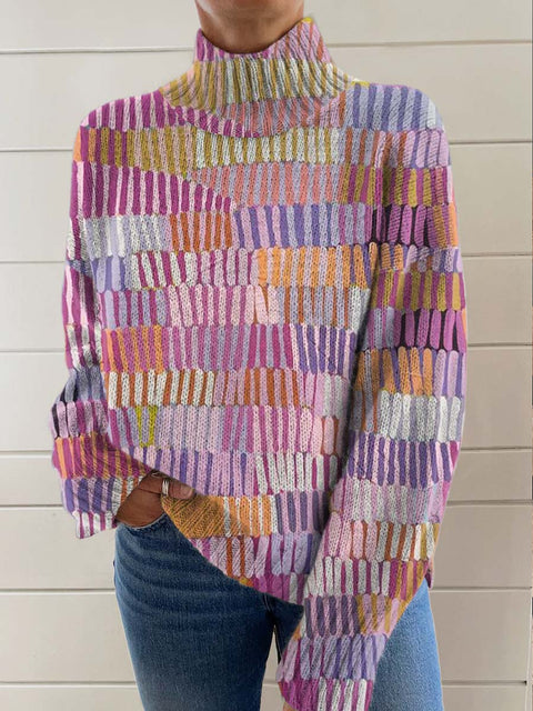 Women's Colourful Artistic Abstract Lines Print Knit Turtleneck Pullover Sweater