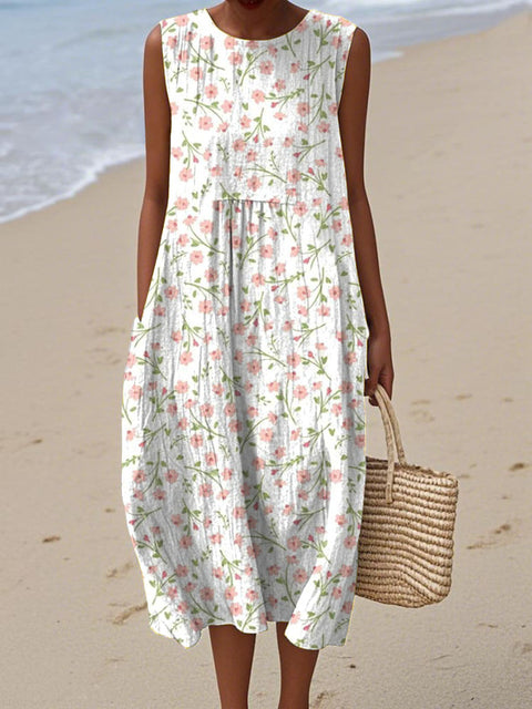 Women's Artistic Creative Flowers Print Sleeveless Cotton Pocket Wrap Dress