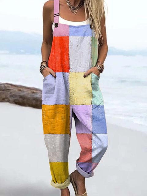 Women's Colorful Art Plaid Print Casual 100% Cotton Wide Leg Jumpsuit