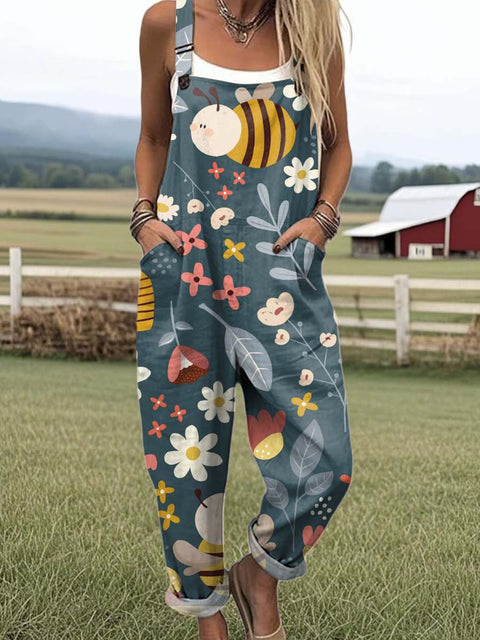Women's Fun Cartoon Abstract Bee Flower Print Casual 100% Cotton Wide Leg Jumpsuit