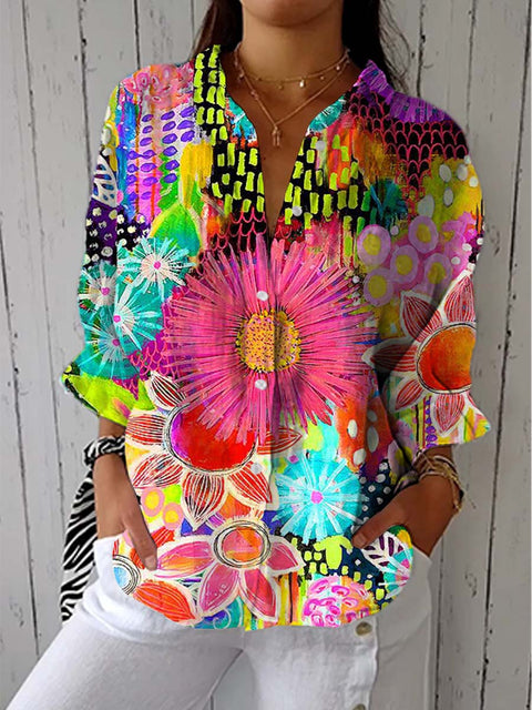 Women's Colorful Abstract Art Flower Print Casual Linen V-neck Shirt