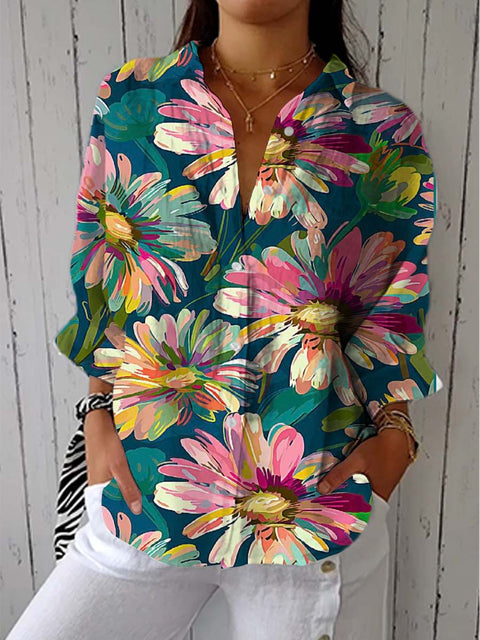Women's Colorful Art Oil Painting Flower Print Casual Linen V-neck Shirt