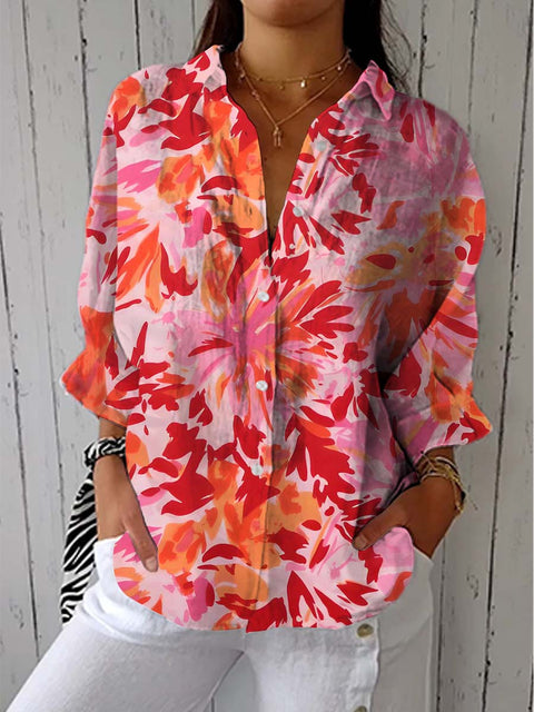 Women's Art Abstract Flower Print Casual Linen V-neck Shirt