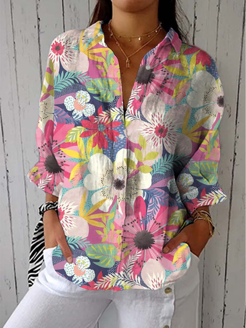 Women's Colorful Art Creative Flower Print Casual Linen V-neck Shirt