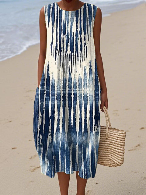 Women's Art Creative Watercolor Lines Print Sleeveless Cotton Pocket Wrap Dress