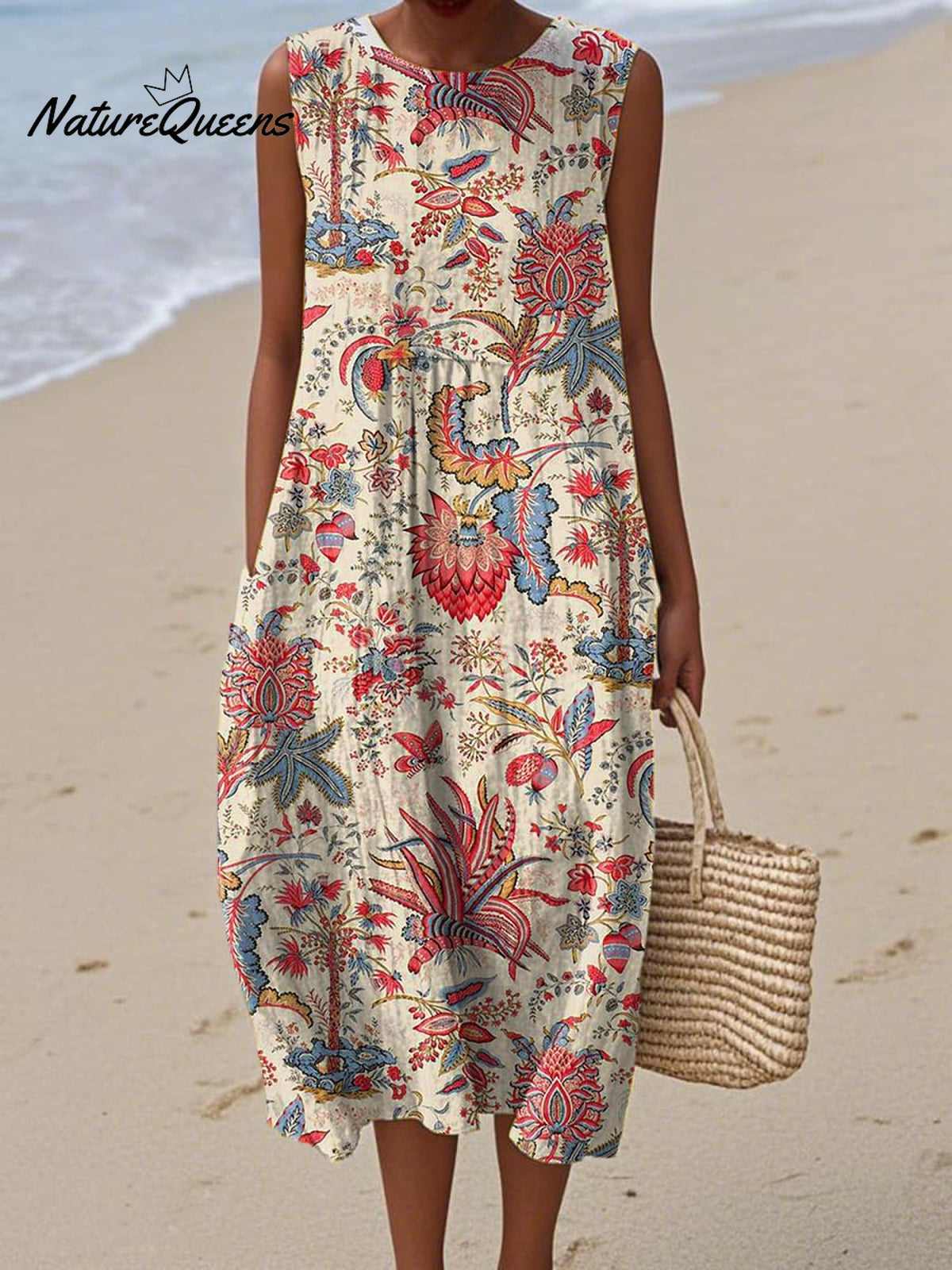 Women's Vintage Ethnic Art Flower Print Sleeveless Cotton Pocket Wrap Dress