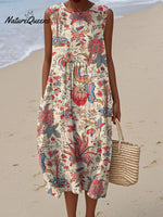 Women's Vintage Ethnic Art Flower Print Sleeveless Cotton Pocket Wrap Dress