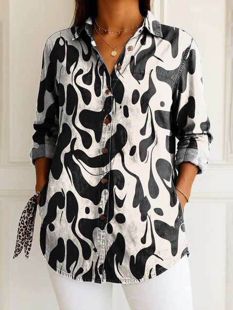 Women's Abstract Art Lines Print Casual Cotton Shirt