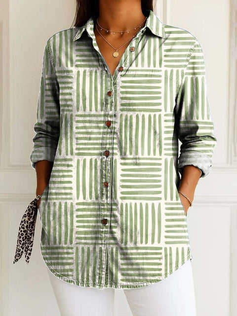 Women's Minimalist Art Lines Print Casual Cotton Shirt