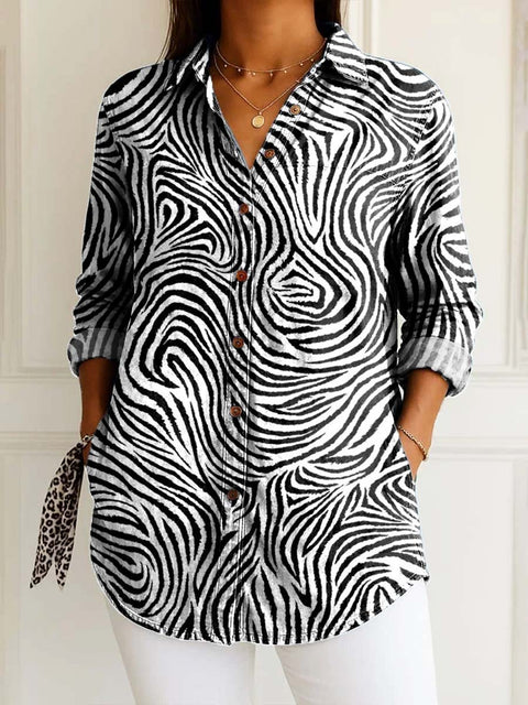Women's Abstract Art Lines Print Casual Cotton Shirt