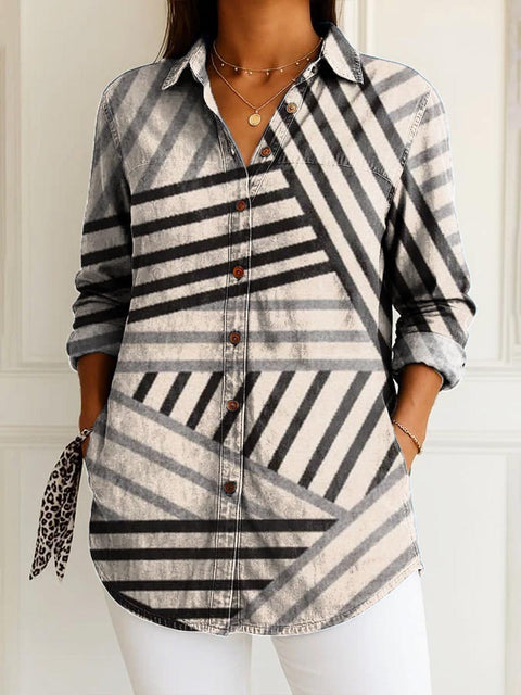 Women's Abstract Art Lines Print Casual Cotton Shirt