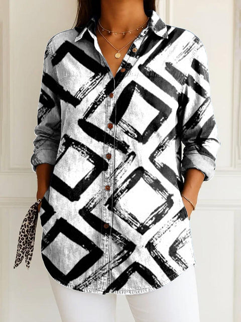 Women's Abstract Art Lines Print Casual Cotton Shirt