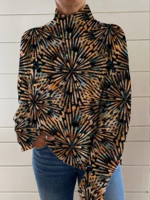 Women's Artistic Abstract Lines Print Knit Turtleneck Pullover Sweater