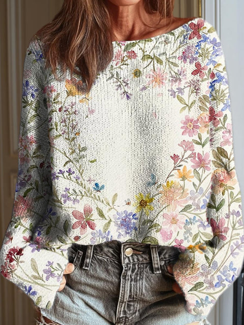 Women's Artistic Watercolor Flowers Casual Pullover Sweater