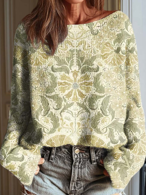 Women's Retro Ethnic Art Flowers Casual Pullover Sweater