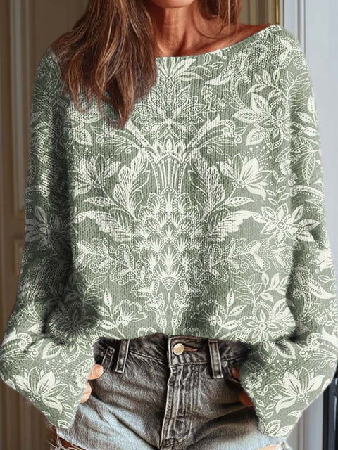 Women's Retro Ethnic Art Flowers Casual Pullover Sweater