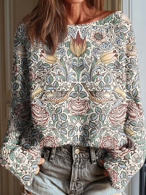 Women's Retro Ethnic Art Flowers Casual Pullover Sweater