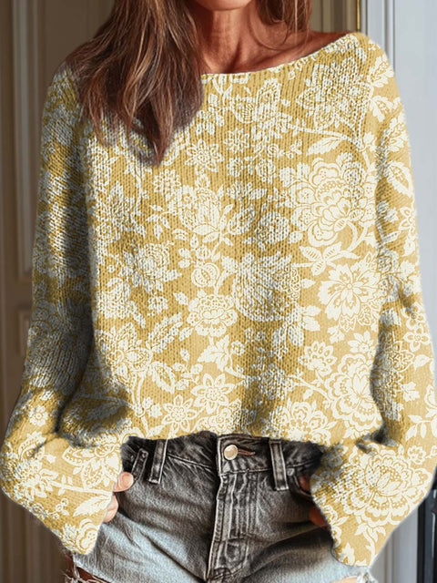 Women's Retro Art Flowers Casual Pullover Sweater