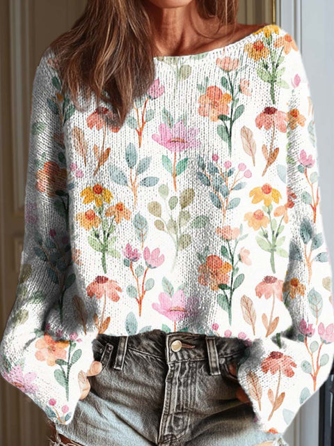 Women's Retro Watercolor Art Flowers Casual Pullover Sweater