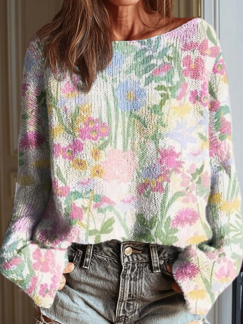 Women's Retro Watercolor Art Flowers Casual Pullover Sweater