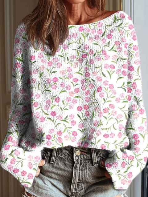 Women's Retro Art Flowers Casual Pullover Sweater