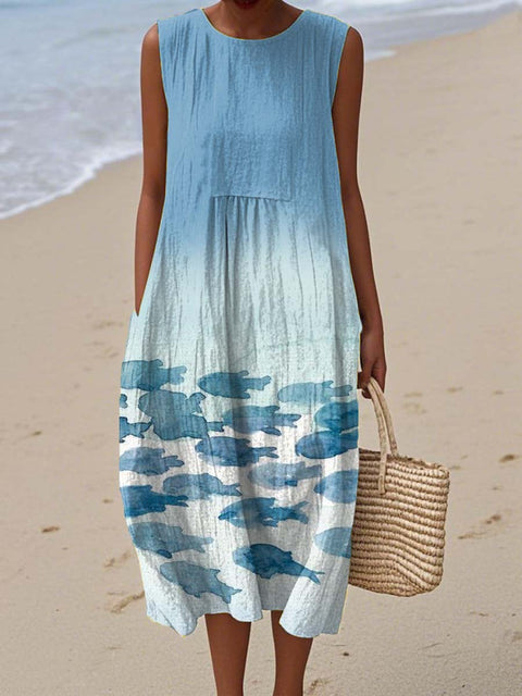 Women's Artistic Watercolor Fish Print Sleeveless Cotton Pocket Wrap Dress