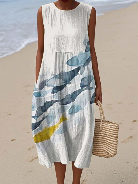 Women's Artistic Watercolor Fish Print Sleeveless Cotton Pocket Wrap Dress