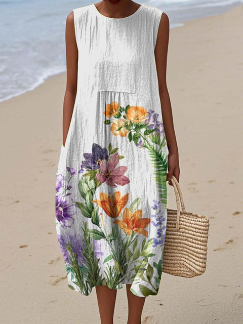 Women's Retro Art Flowers Print Sleeveless Cotton Pocket Wrap Dress