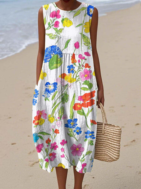 Women's Retro Art Watercolor Flowers Print Sleeveless Cotton Pocket Wrap Dress