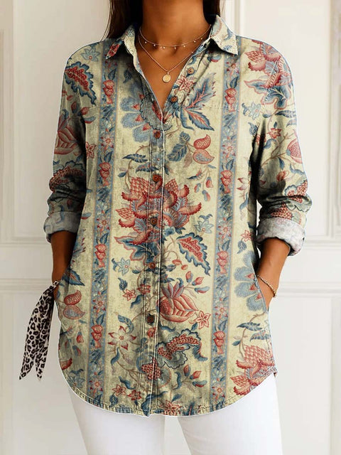 Women's Retro Art Flowers Print Casual Cotton Shirt