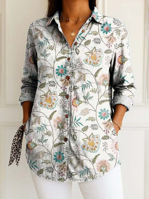 Women's Retro Art Flowers Print Casual Cotton Shirt