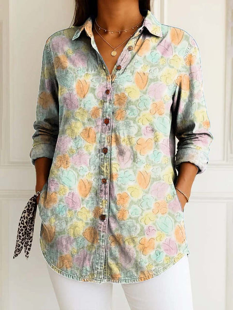 Women's Artistic Blending Flowers Print Casual Cotton Shirt