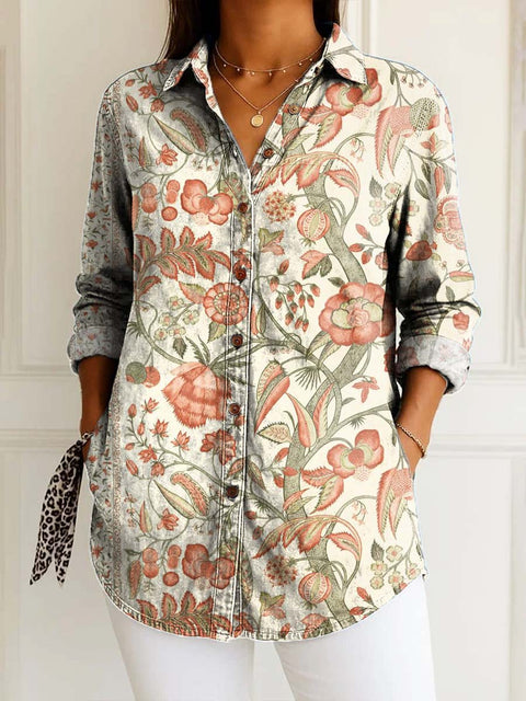 Women's Retro Art Flowers Print Casual Cotton Shirt
