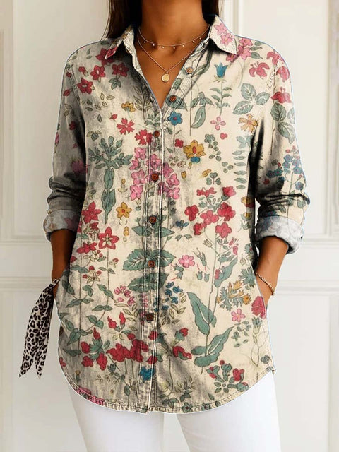 Women's Retro Art Flowers Print Casual Cotton Shirt