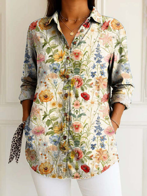 Women's Retro Art Flowers Print Casual Cotton Shirt