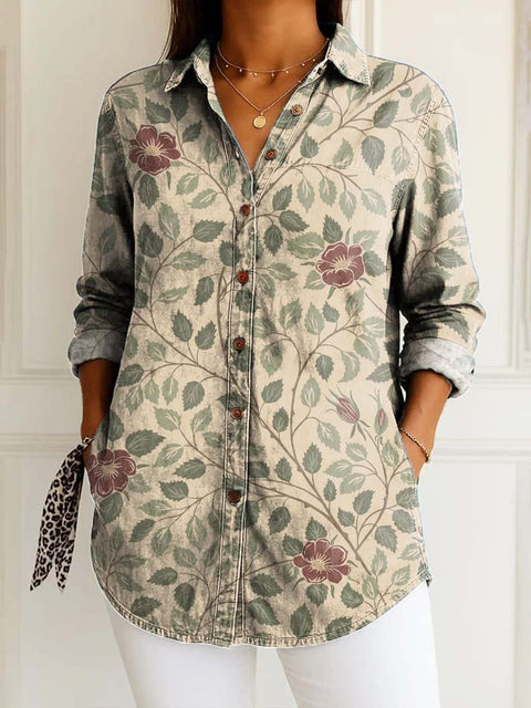 Women's Retro Art Flowers Print Casual Cotton Shirt