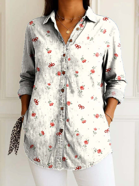 Women's Artistic Floral Bow Print Casual Cotton Shirt